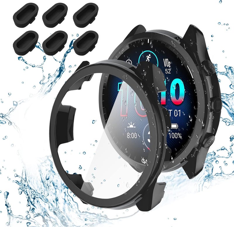 Suoman 2+6 Pack for Garmin Forerunner 965 Case, Charger Port+9H Tempered Glass Screen Protector, Full Coverage Durable PC Hard Protective Cover Bumper (Black+Black) - Image 1